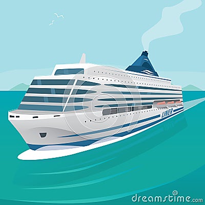 Cruise liner cuts through the waves in open sea Vector Illustration