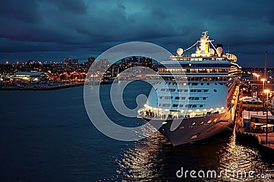 Cruise liner docked at city waterfront at night Stock Photo