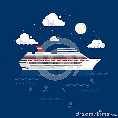 Cruise Liner Flat style vector illustration. White Big Cruise ship drifts in the ocean at night time Cartoon Illustration