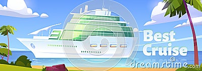 Cruise liner in ocean, modern white ship, sailboat Vector Illustration