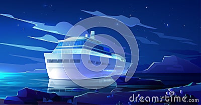 Cruise liner in ocean at night. Modern ship, boat Vector Illustration