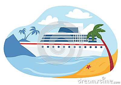 Cruise liner by seaside with palms and sandy beach Vector Illustration