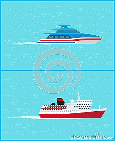 Cruise Liner and Yacht Leave Traces Water Sailing Vector Illustration