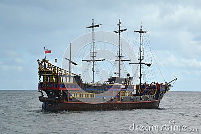 Cruise pirate ship for tourists, wooden, colorful, Gdansk Bay, Baltic Sea, Sopot in Poland Editorial Stock Photo