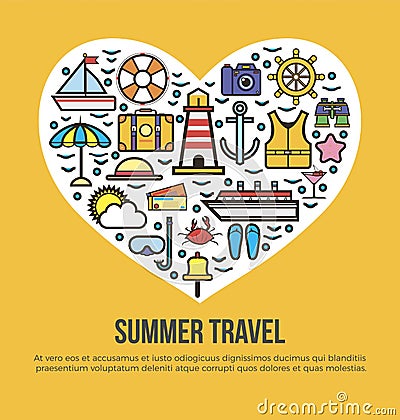 Cruise set summer travel in shape of heart on yellow Vector Illustration