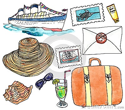 Cruise set - watercolor painting on white background Stock Photo