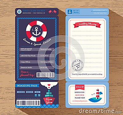 Cruise Ship Boarding Pass Ticket Wedding Invitation Template Vector Illustration