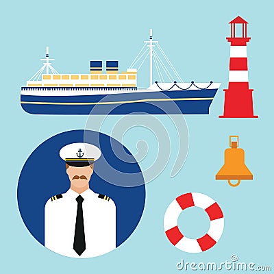 Cruise ship captain vector boat sailor icon set nautical lighthouse marine sea Vector Illustration