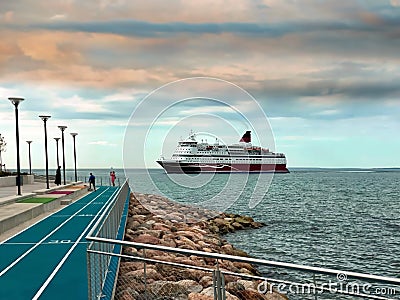 Cruise ship going to port at sea and on pier people walk urban lifestyle blue cloudy sky nature background Stock Photo