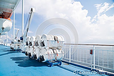 Cruise ship inflatable emergency life raft on deck Stock Photo