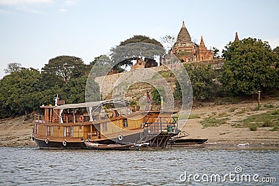 Cruise ship on the Irrawaddy river in Bagan, Myanmar Editorial Stock Photo