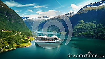 Cruise Ship, Cruise Liners On fjord. generated by AI tool. Stock Photo