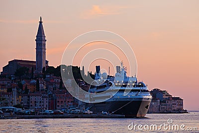 Cruise ship at the old city of Rovinj, Croatia Editorial Stock Photo