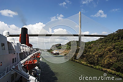 Cruise ship Queen Elizabeth 2 passing Panama Canal near the bridge Editorial Stock Photo