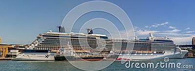 Cruise ship Queen Victoria of the cunard ship fleet docked in Sydney Harbour on a beautiful Blue Day, Australia Editorial Stock Photo