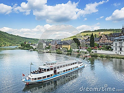 Cruise ship on river Moselle near city Traben-Trarbach Stock Photo