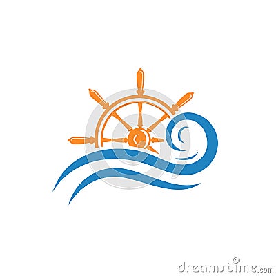 Cruise ship rudder logo design with sea waves. Vector Illustration