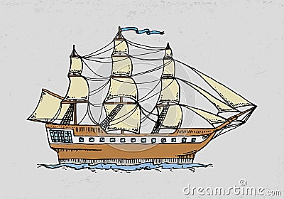 Cruise ship or Sailboat illustration. to deep sea. engraved hand drawn in old sketch style, vintage transport. Vector Illustration