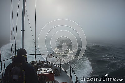 Cruise ship sailing in misty fjord among rising mountains. Generative AI Stock Photo