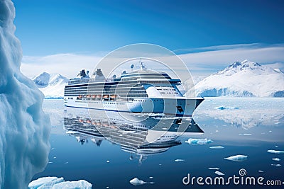 A cruise ship sails through a treacherous, frozen landscape filled with towering icebergs, Cruise ship in majestic north seascape Stock Photo