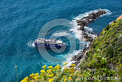 Cruise ships ferry Mediterranean sea cruiser ocean liner vacation, aerial view from drone in Liguria Stock Photo
