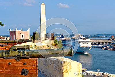 Cruise sip on the bay of Havana and old bronze cannons Stock Photo
