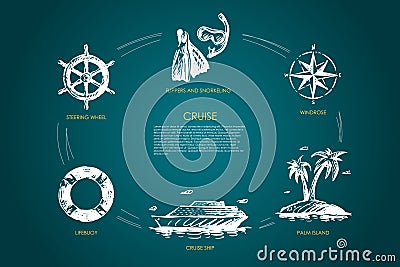Cruise - steering wheel, lifebuoy, cruise ship, palm island, windrose, flippers and snorkeling vector concept set Vector Illustration