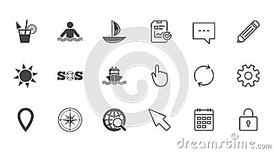 Cruise trip, ship and yacht icons. Travel signs. Vector Illustration