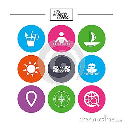 Cruise trip, ship and yacht icons. Travel signs. Vector Illustration