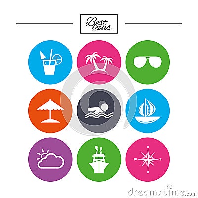 Cruise trip, ship and yacht icons. Travel signs. Vector Illustration