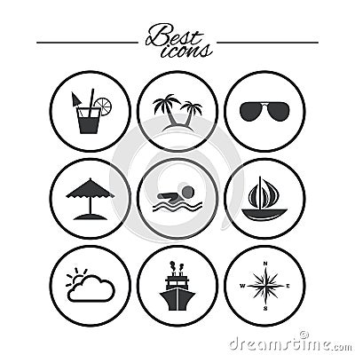 Cruise trip, ship and yacht icons. Travel signs. Vector Illustration