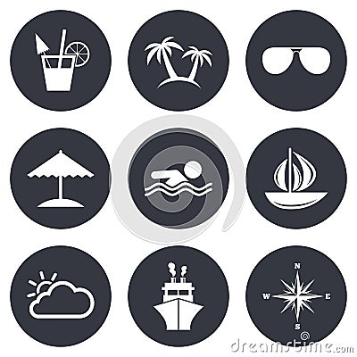 Cruise trip, ship and yacht icons. Travel signs Vector Illustration