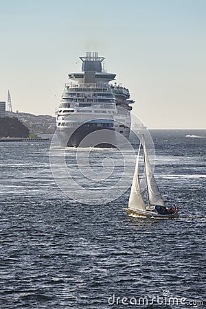 Cruise and yacht sail. Stavanger harbor. Norway. Navigation back Stock Photo