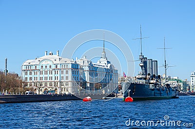 Cruiser Aurora at Petrogradskaya embankment, St. Petersburg, Russia Editorial Stock Photo