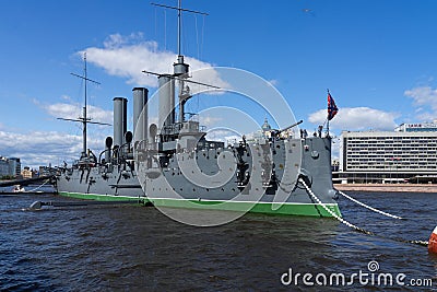 Cruiser Aurora in the River Neu, the city of St.Petersburg. Editorial Stock Photo