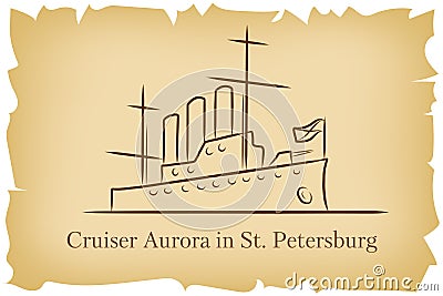 The Cruiser Aurora in St.Petersburg, Russia lineart illustration for logo, icon, poster, banner on background imitating brown old Cartoon Illustration