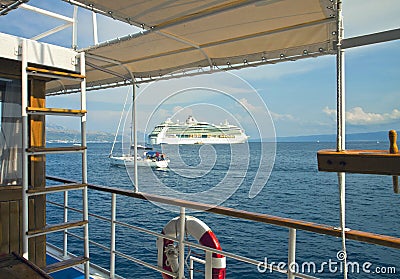 Cruising on touristic boat with the view of an imposing ferry Editorial Stock Photo