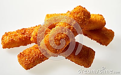 Crumbed fried fish fingers sticks on white Stock Photo