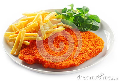 Crumbled Beef Escalope and Fries with Herbs Stock Photo