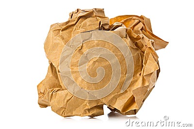 Crumbled brown recycled paper ball on white background Stock Photo