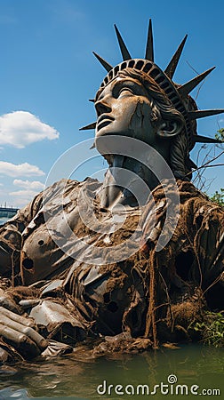 The Crumbled Sentinel: Statue of Liberty in Decay. Stock Photo