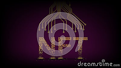 Crumbled text NTF non fungible token from falling golden cubes and PCB tracks on top. Fragmented text from yellow blocks. Website Vector Illustration