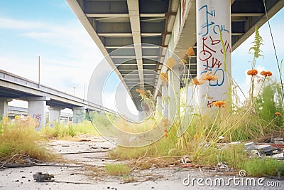crumbling infrastructure overgrown with dry weeds Stock Photo