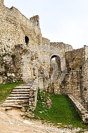 Crumbling Stone Steps and Exterior Castle Walls Stock Photo