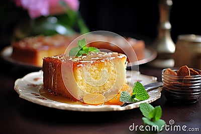 Crumbly Semolina cake honey spoon plate. Generate Ai Stock Photo
