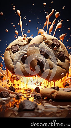 Crumbs and chocolate splashes embellish the ruins of once perfect chocolate chip cookies Stock Photo