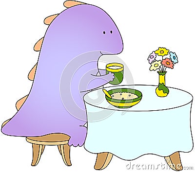 Crummy bellied dragon eats his breakfast: porridge and juice Vector Illustration