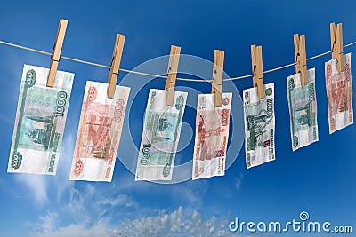 Crumpled banknote of roubles to dry on the rope clothes pins attached Cartoon Illustration