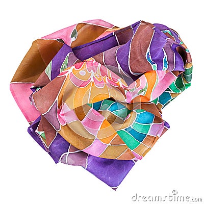 Crumpled brown, violet, green batic silk scarf Stock Photo