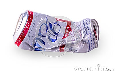 Crumpled can of beer of Budweiser on white. Editorial Stock Photo